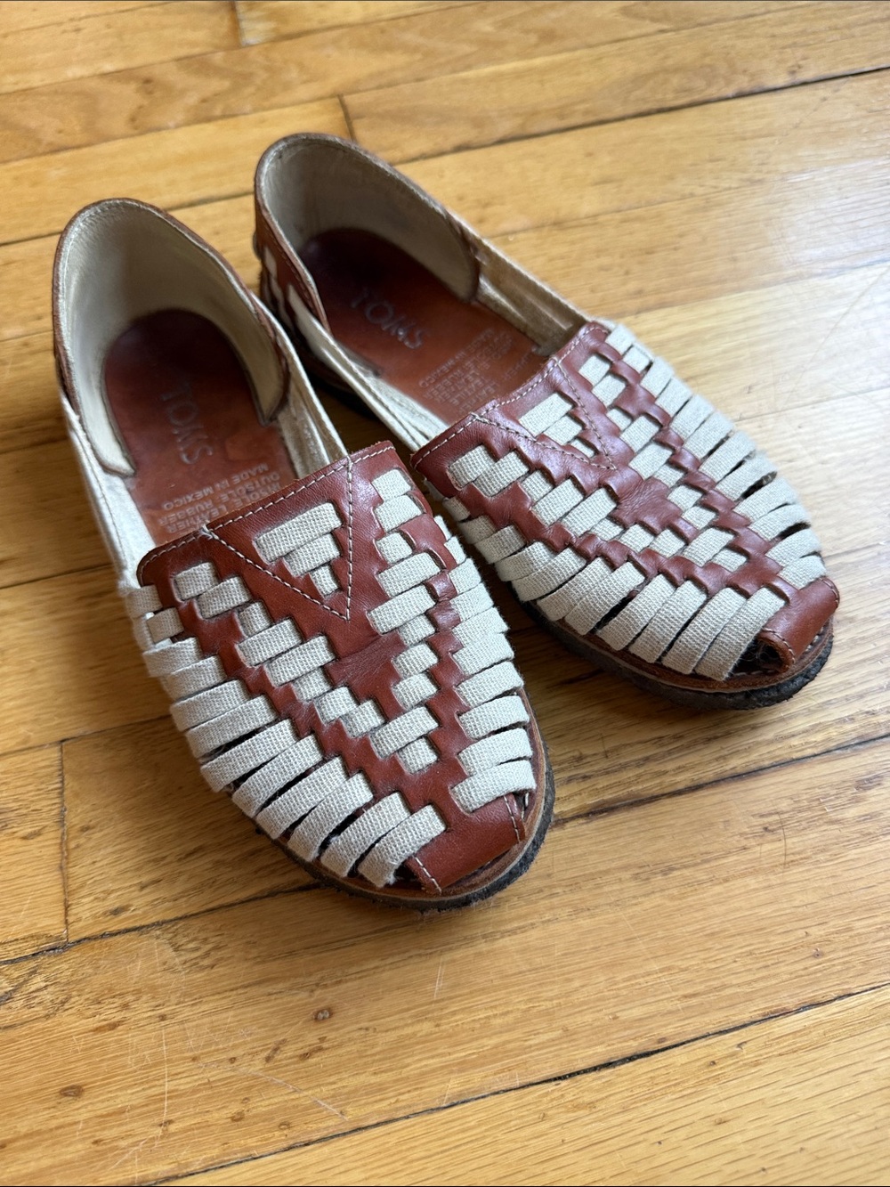 Toms Brown and Cream Woven Leather Flats
